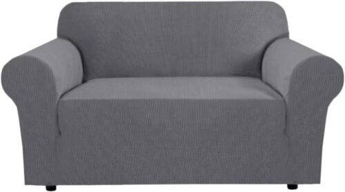 H.VERSAILTEX Stretch Couch Cover Loveseat Covers for 2 Cushion Couch Slipcover|Sofa Cover for Love seat 1 Piece with Elastic Bottom, Checked Jacquard Fabric(Loveseat 58'-70' Wide, Gray) - Image 2