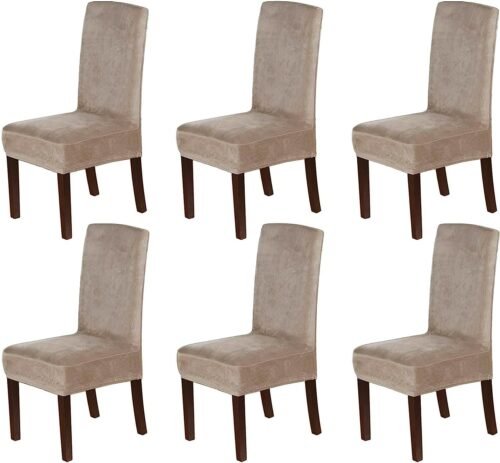 H.VERSAILTEX Velvet Dining Chair Covers Stretch Chair Covers for Dining Room Set of 6 Parson Chair Slipcovers Chair Protectors Covers Dining, Soft Thick Solid Velvet Fabric Washable, Taupe - Image 2