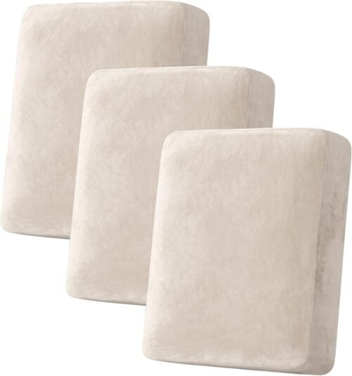 H.VERSAILTEX Velvet Stretch Couch Cushion Cover Plush Cushion Slipcover for Chair Loveseat Sofa Cushion Furniture Protector Seat Cushion Sofa Cover (3 Piece Sofa Cushion Covers, Ivory) - Image 2