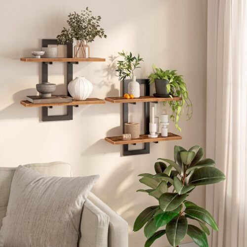 HOOBRO Floating Shelves, 15 Inch Wall Shelf Set of 2, Wall Mounted Storage Shelves 2-Tier, Hanging Bathroom Shelves, for Living Room, Bedroom, Bathroom, Kitchen, Rustic Brown and Black BF32BJ01 - Image 2