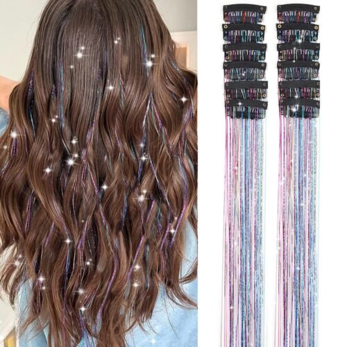 Hair Tinsel Pack of 12 Pcs Colorful Glitter Hair Accessories 20 Inch Clip in Hair Tinsel Extensions Fairy Hair Accessories Party Kit for Women Girls Kids (12Pcs,Colorful#) - Image 2
