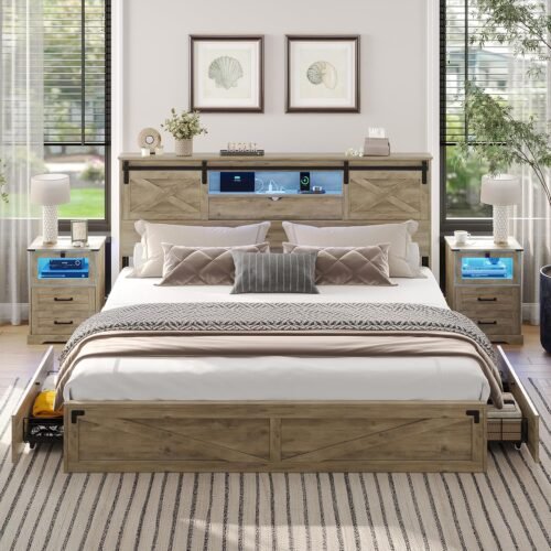 Hasuit Farmhouse Bed Frame King Size with Storage Bookcase Headboard, Wooden King Bed with LED Lights, Charging Station, 2 Drawers, Country Rustic Bed Frame with Sliding Barn Door - Image 2
