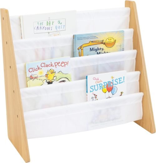 Humble Crew 4-Tier Kids Bookshelf, Natural Wood/White - Premium Book Shelf for Kids Rooms with Four Deep Pockets - Toddler Sling Book Rack with Deep Sleeves, Nursery Bookcase Organizer - Image 2