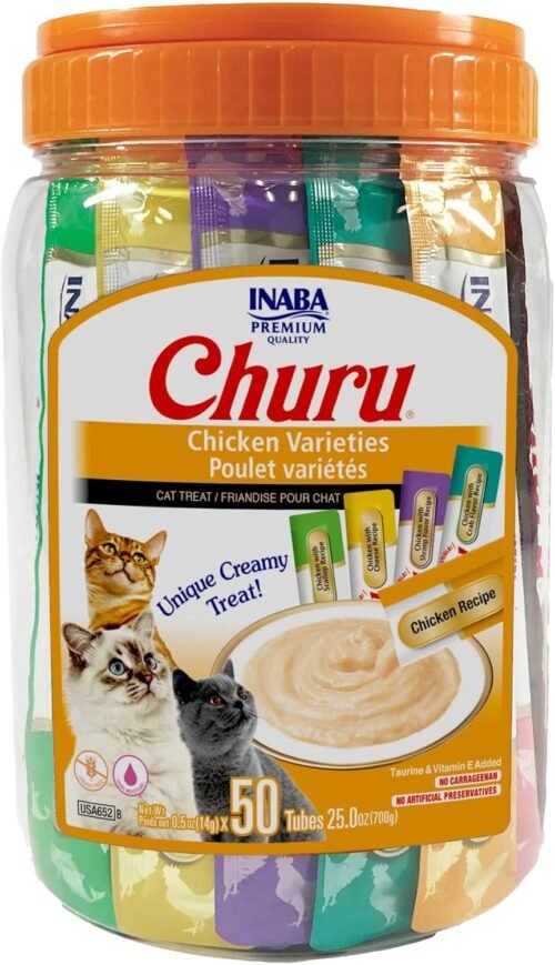 INABA Churu Cat Treats, Grain-Free, Lickable, Squeezable Creamy Purée Cat Treat/Topper with Vitamin E & Taurine, 0.5 Ounces Each Tube, 50 Tubes, Chicken Variety - Image 2