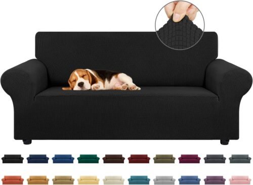KEKUOU Stretch Loveseat Sofa Cover Slipcover,Couch Covers for 2 Cushion Couch Sofa (55"-78") Furniture Protector Sofa with Elastic Bottom for Kids,Dog. Jacquard Small Checked (Medium,Black) - Image 2