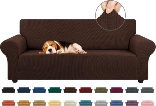 KEKUOU Stretch Sofa Cover Slipcover ，Couch Covers for 3 Cushion Couch Sofa pet Friendly (78"-94") Furniture Protector Sofa with Elastic Bottom for Kids,Dog, Jacquard Small Checked(Large,Chocolate) - Image 2