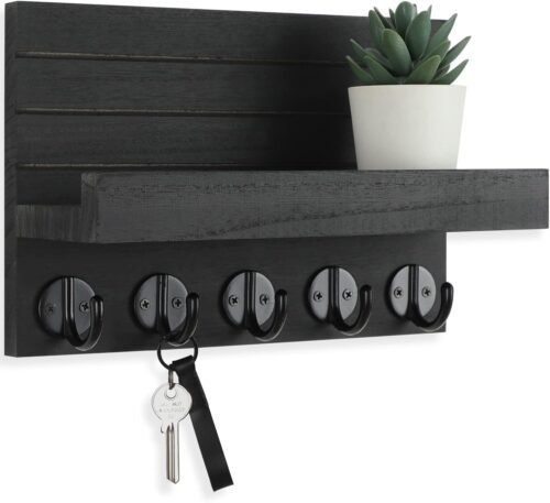 Key Holder for Wall, Decorative Key and Mail Holder with Shelf Has Large Hooks for Bags, Coats, Umbrella – Paulownia Wood Key Hanger with Mounting Hardware (9.8”W x 6.7”H x 4.2”D) - Image 2