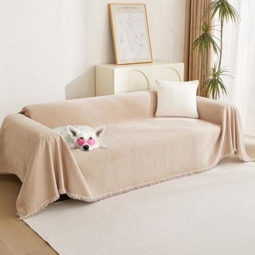 MYSKY HOME Couch Cover 3 Cushion Sofa with Tassel Chenille Sofa Covers Couch Covers for 3 Cushion Couch Sofa Slipcovers for Sectional l Shaped Couch Dogs Protector Furniture Covers, 91" X150", Khaki - Image 2