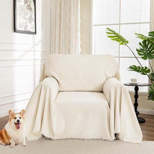 MYSKY HOME Oversized Armchair Couch Cover for 1 Cushion, Washable Recliner Covers Sofa Protector with Tassel, Beige, 71"X91" - Image 2