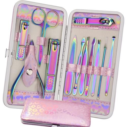 Manicure Set Nail Clippers Pedicure Kit - 12pcs Stainless Steel Nail Kit, Colorful Professional Nail Care Kit Nail Files & Scissors Tools for Hands Foot Facial - Pink - Image 2