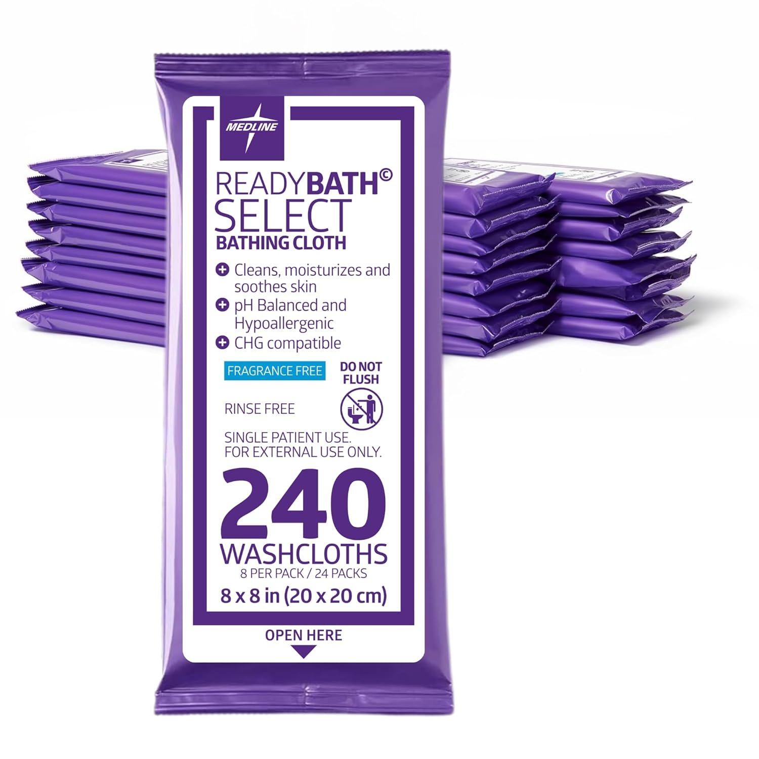 Medline Readybath Body Wipes, Shower and Bath for Adults, No Rinse Disposable Washcloths, Extra Thick, Hypoallergenic, Alcohol-Free, Aloe-Infused, Unscented, 240 Count (30 Packs), 8x8 Inch - Image 2