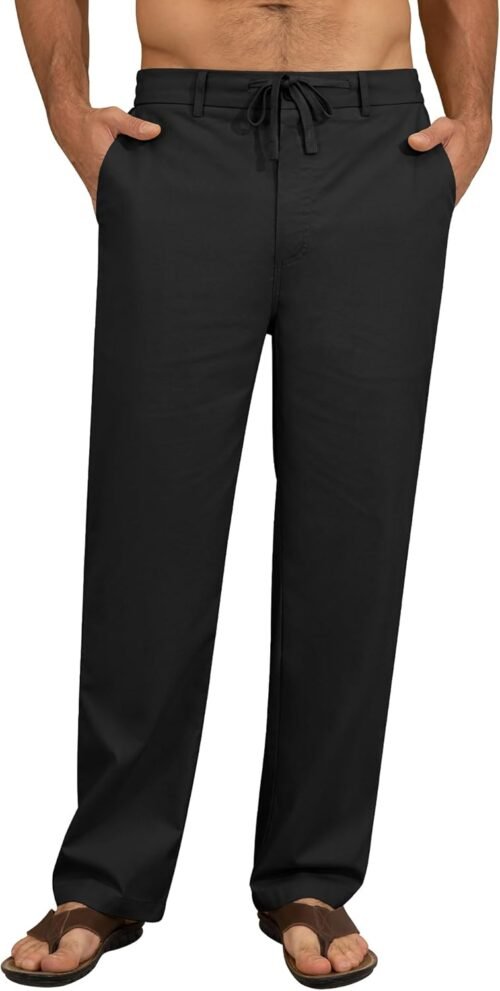 Men's Linen Casual Pants Loose Straight Elastic Suit Waist Drawstring Trousers Lightweight Beach Vacation Pants - Image 2