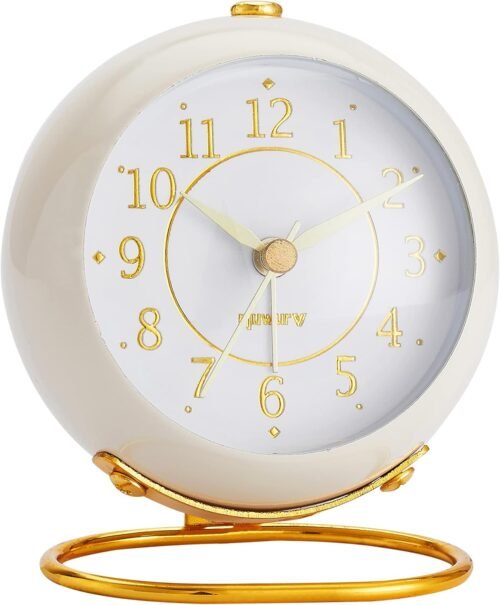 Metal Desk Clock, Retro Bedroom Table Vintage Analog Alarm Clock, Silent Non-Ticking Gold Clock, Bedside Décor(Milk White) - Image 2