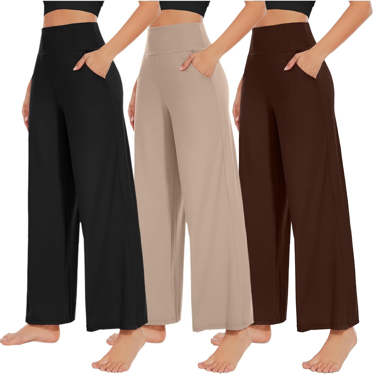 NEW YOUNG 3 Pack Women's Wide Leg Pants with Pockets High Waist Loose Sweatpants Casual Lounge Yoga Workout Palazzo - Image 2