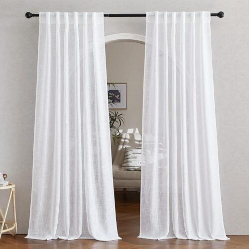 NICETOWN White Linen Sheer Curtains 90" Length, Rod Pocket & Back Tab Window Treatments Semi Sheer Curtain Drapes Privacy with Light Through for Living Room/Bedroom, 104 inch Length Total 2 Panels - Image 2