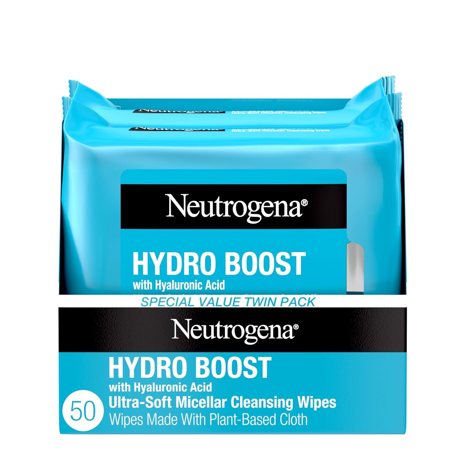 Neutrogena Hydro Boost Ultra-Soft Micellar Cleansing Wipes with Hyaluronic Acid, Hydrating Makeup Remover Wipes Remove Dirt & Waterproof Makeup, Hypoallergenic, Plant-Based Cloth, 2 x 25 ct - Image 2