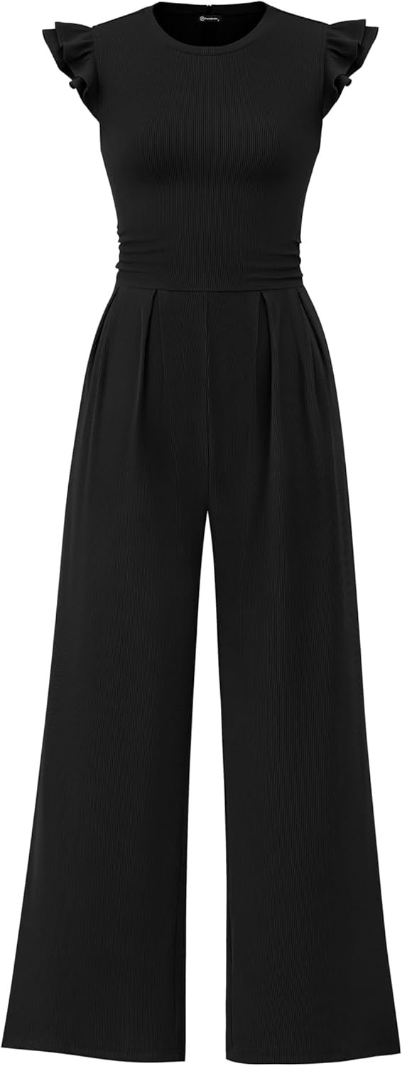 PRETTYGARDEN Summer Jumpsuits for Women Dressy 2025 Fashion Ruffle Cap Sleeve Romper Crew Neck Rib Knit One Piece Outfits - Image 2