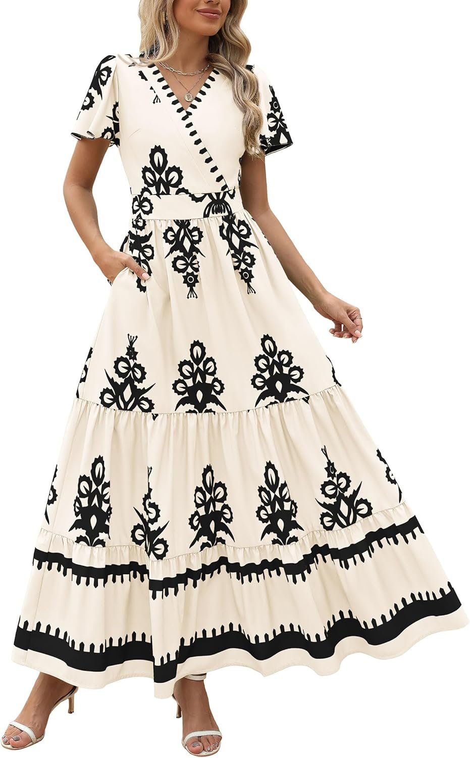 PRETTYGARDEN Womens 2025 Summer Casual V Neck Boho Maxi Dress Flowy Aline Bell Sleeve Tiered Floral Dresses with Pocket - Image 2