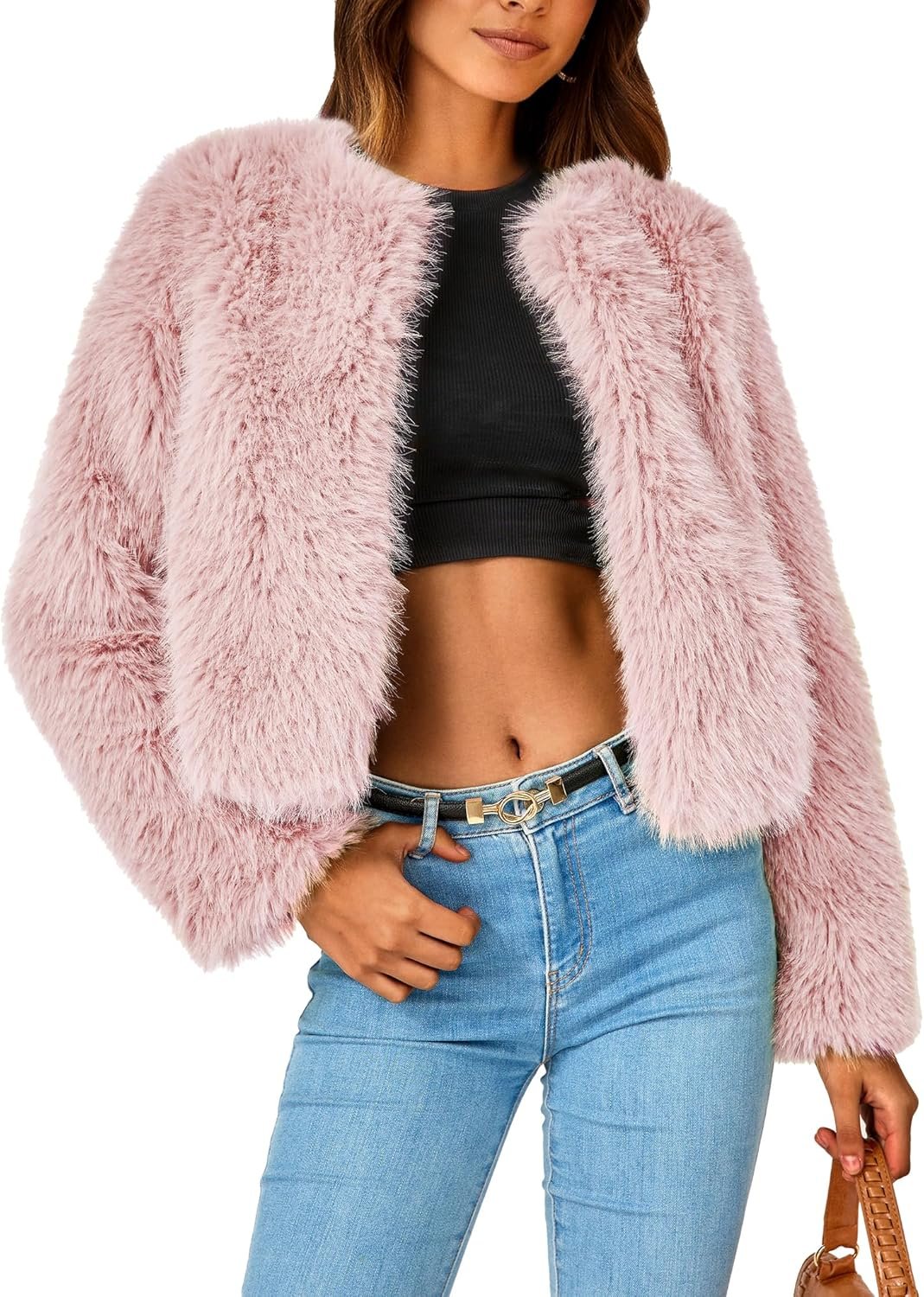 PRETTYGARDEN Women's 2025 Winter Coats Fleece Cropped Jacket Faux Fur Long Sleeve Pockets Shaggy Warm Outerwear Fall Clothes - Image 2