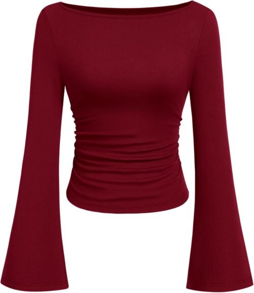 PRETTYGARDEN Women's Long Sleeve Shirts 2025 Fall Crop Going Out Tops Casual Boat Neck Bell Sleeve Ribbed Ruched Y2K Clothes - Image 2