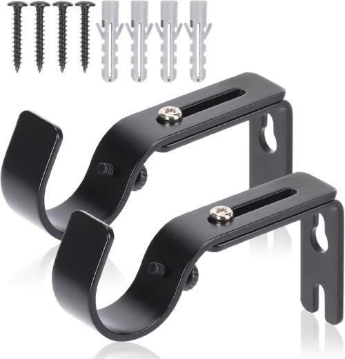 Premium Curtain Rod Brackets for Wall - Adjustable Hooks, Iron Holders for 1 Inch Rod - Black (2 PCS) - Image 2