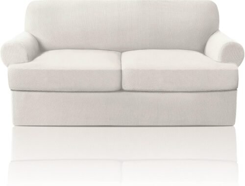 PrinceDeco T Cushion Loveseat Slipcover 3 Pieces Sofa Covers for T Cushion Sofa Stretch Slip Covers for 2 Cushion Couch with 2 Individual T Shape Seat Covers Width Up to 76"- Washable, Ivory - Image 2