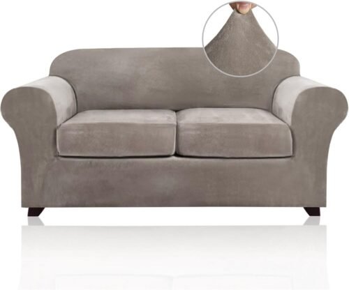 PrinceDeco Velvet Couch Cover Loveseat Covers for 2 Cushion Couch 3 Piece Sofa Covers for Dogs Washable Loveseat Covers Width Up to 72 Inch No Slip Stretch Sofa Slipcover(Medium, Taupe) - Image 2