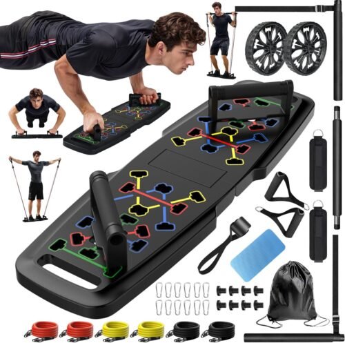 Push Up Board,Home Gym,Portable Exercise Equipment,Pilates Bar and 20 Fitness Accessories with Resistance Bands and Ab Roller Wheel,Full Body Workout at Home - Image 2