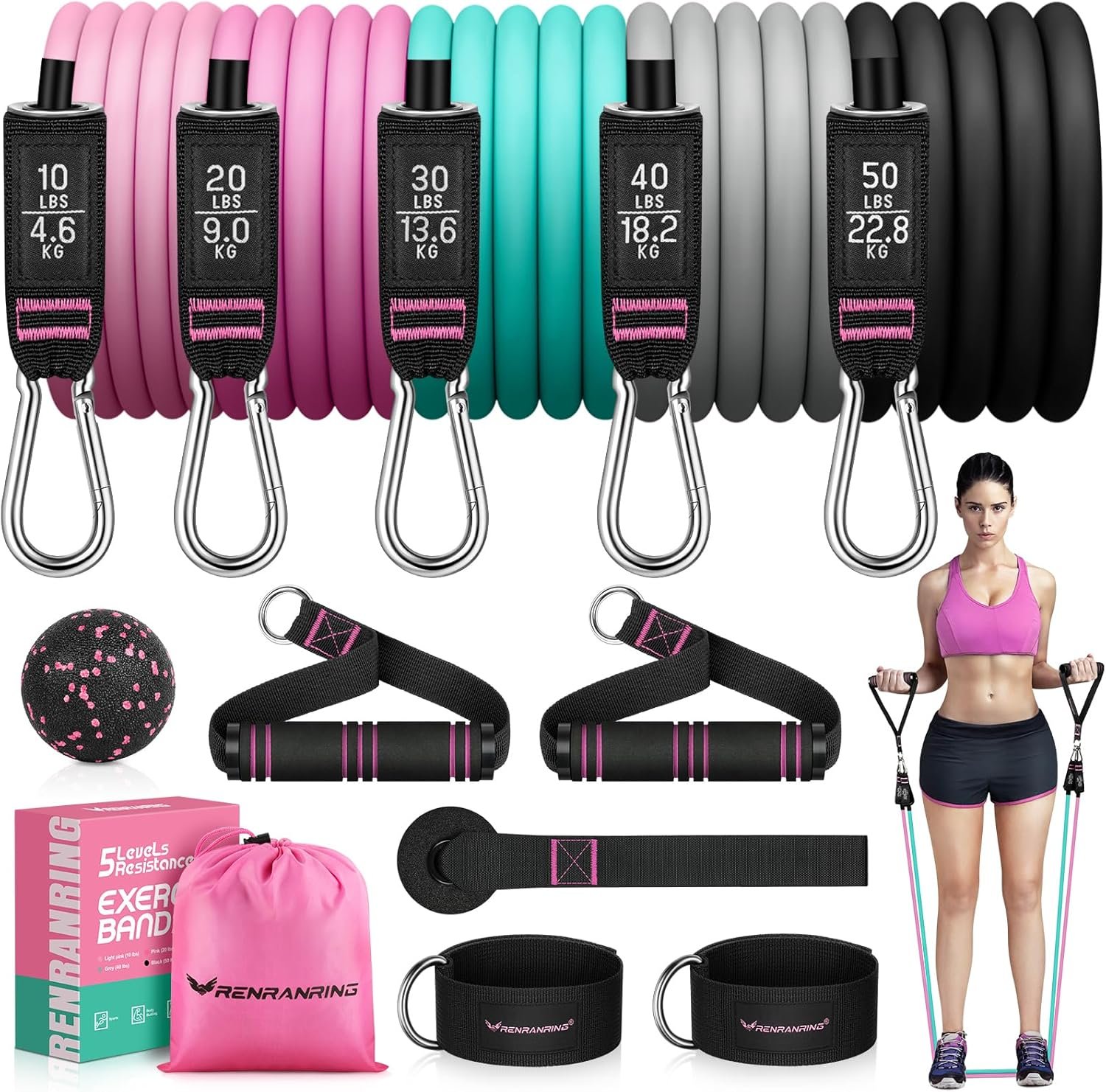 RENRANRING Resistance Bands for Working Out, 150LBS Exercise Bands, Workout Bands, Resistance Bands Set with Handles for Men Women, Legs Ankle Straps for Muscle Training - Image 2