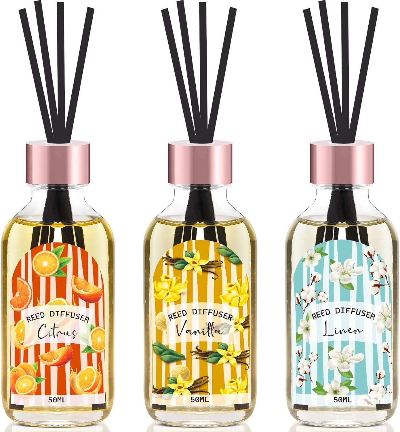 Reed Diffuser Set of 3 Pack, Linen Vanilla Citrus Scented Oil Diffuser with 15 Sticks, Reed Diffusers for Home, Bathroom Air Freshener, 1.7 Fl.oz Each, Total 5.1 Oz - Image 2