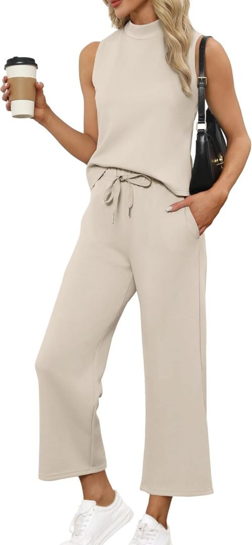 SAMPEEL Two Piece Sets for Women Summer Outfits Lounge Sets Mock Neck Tops Wide Leg Crop Pants Vacation Travel Outfits - Image 2