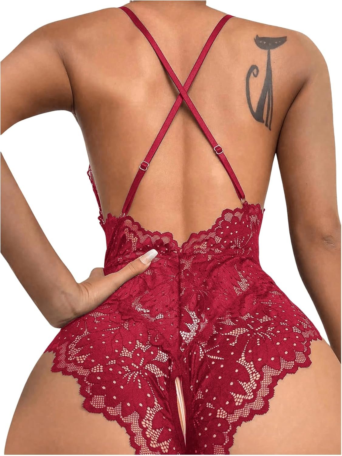 SOLY HUX Women's One Piece Lingerie Sexy Lace Babydoll Deep V Teddy Criss Cross Backless Teddy Mini Bodysuit - Image 2