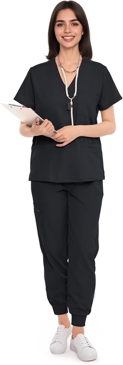SUNME Scrubs for Women Set, V-Neck Scrub Top & Jogger Pants Medical Uniform with 9 Pockets, Yoga Waistband - Image 2