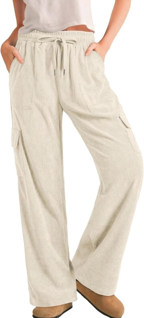 Sidefeel Womens Corduroy Pants Casual High Waisted Elastic Drawstring Cargo Loose Fit Wide Leg Pants with Pockets - Image 2
