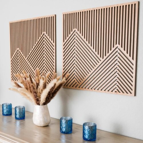 SnugLife 2 Pcs Wood Mountain Wall Art - Modern Wooden Panel Mountain Wall Decor, Decorative Forest Nature Abstract Line Minimalist Wall Art for Living Room Bedroom Farmhouse - Large 23.5”x23.5” - Image 2