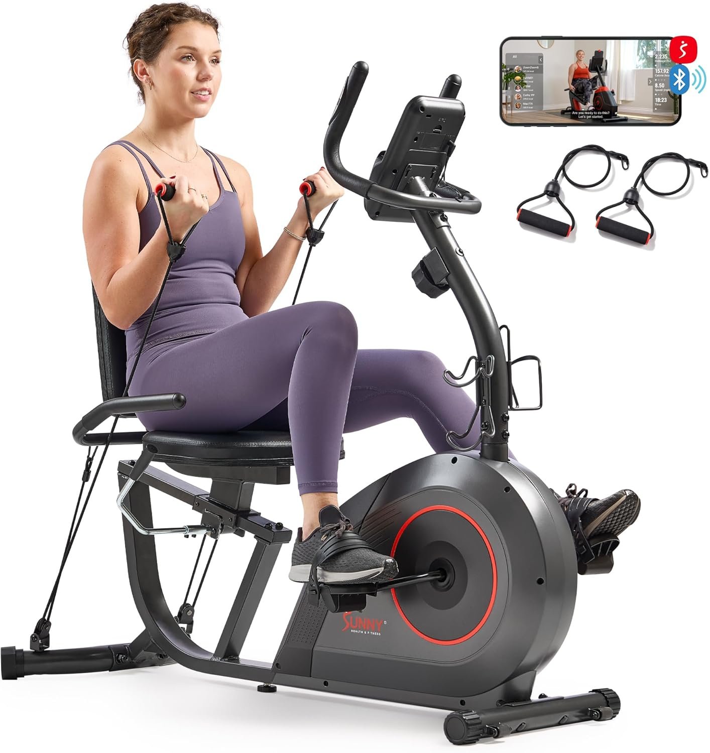Sunny Health & Fitness Smart Heavy-Duty Recumbent Bike w/Wide Cushioned Seat & Back, Indoor Cycling Machine for Adult/Seniors Home Exercise, Free SunnyFit App Connect, Optional Workout Training Bands - Image 2