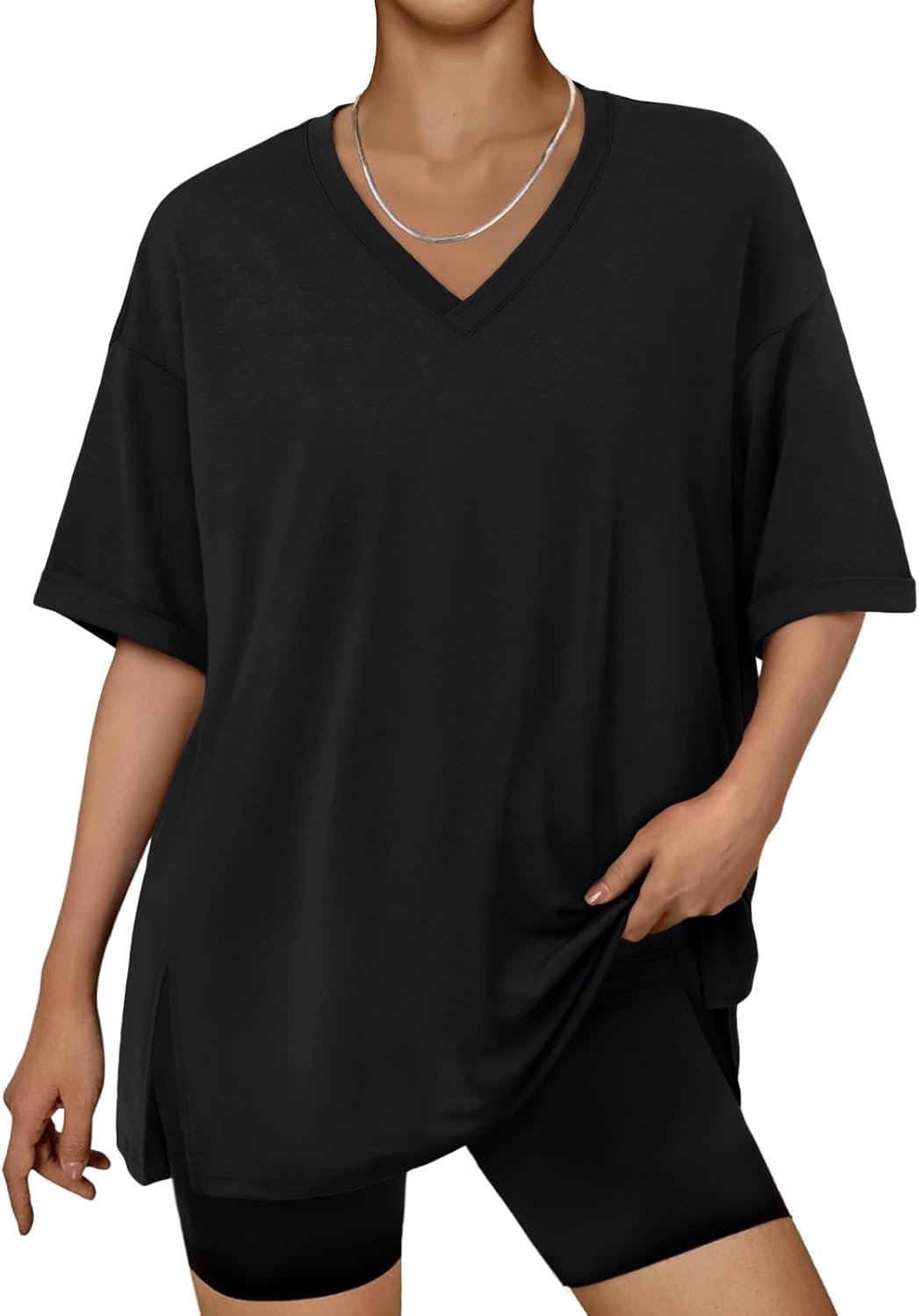 Trendy Queen Oversized Tshirts for Women Workout Plus Size Tops V Neck Short Sleeve Gym Shirts Casual Loose Fit Basic Tees - Image 2