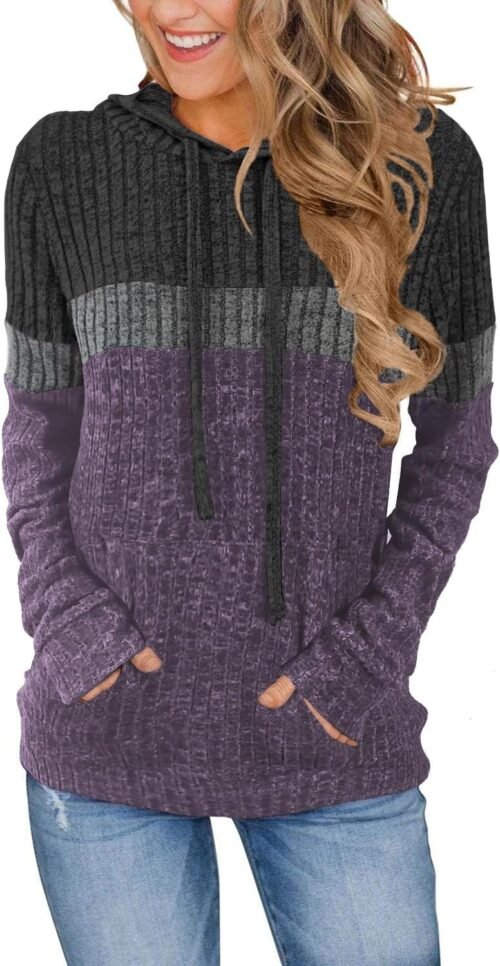 Women’s Color Block Knit Hoodie – Casual Long Sleeve Pullover Sweater Tops with Pocket - Image 2