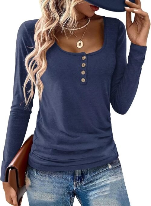Womens Long Sleeve Tops Henley Loose Casual T Shirts Fall Women's Clothing Fashion Trendy 2025 - Image 2