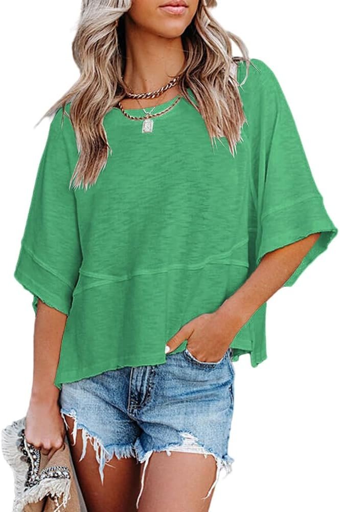 Women's Summer Casual Crewneck Batwing Half Sleeve T-Shirts Solid Color Loose Fit Cute Basic Flowy Tops Tees Blouses - Image 2