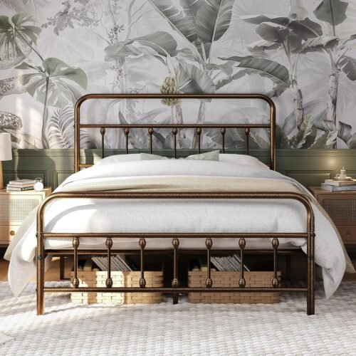 Yaheetech Classic Metal Platform Bed Frame Mattress Foundation with Victorian Style Iron-Art Headboard/Footboard/Under Bed Storage/No Box Spring Needed/Queen Size Bronze - Image 2