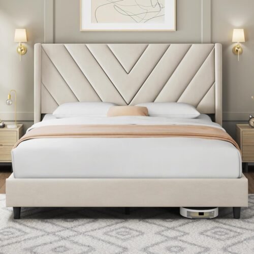 Yaheetech Queen Bed Frame Upholstered Platform Bed with Wing Side/Wooden Slat Support/Tufted Headboard with Wing Side/Mattress Foundation/No Box Spring Needed,Beige Queen Bed - Image 2