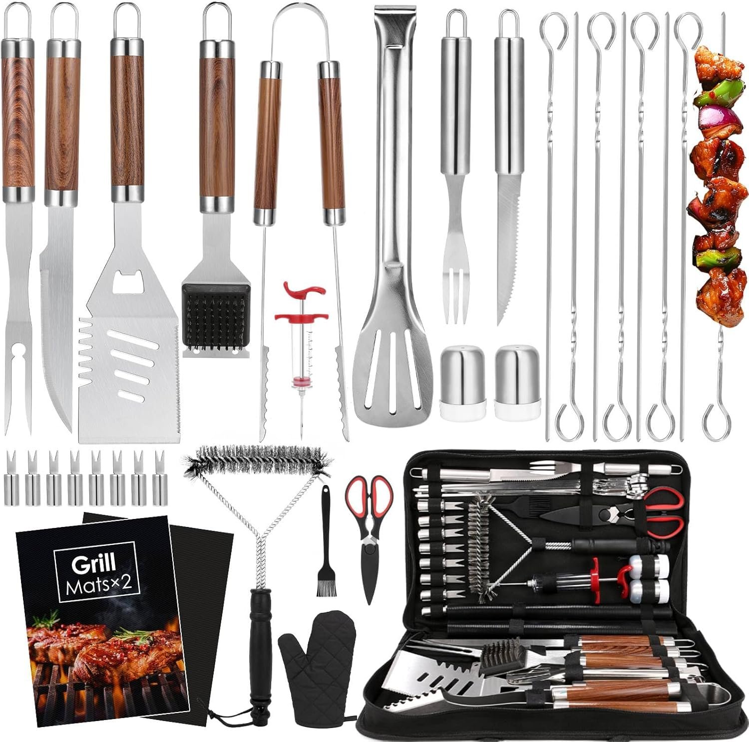 Yoehka BBQ Grilling Accessories Set, 34Pcs Heavy Duty Grill Tools for Outdoor Camping, Grilling Gifts for Men Dad, Stainless Steel Barbecue Utensils Kit with Mats and Glove in Carrying Bag, Brown - Image 2