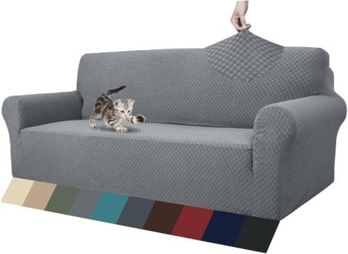 ZNSAYOTX 1 Piece Jacquard Couch Covers for 3 Cushion Couch Living Room High Stretch Sofa Cover Pets Dogs Friendly Anti Slip Thickened Slipcovers Furniture Protector (Sofa, Light Grey) - Image 2