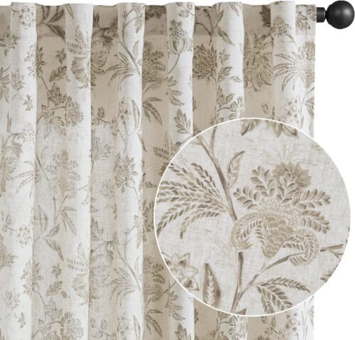 jinchan Linen Floral Curtains for Living Room with Printed Flower 84 Inches Long Light Filtering French Country Back Tab Rod Pocket Taupe Window Curtain Set Farmhouse Drapes 2 Panels Taupe - Image 2