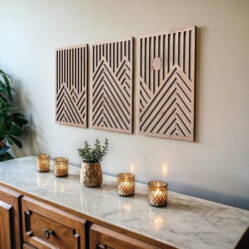 qmmp Modern Wooden Wall Sculptures - Set of 3 - MDF - Oak - Home Decor Accent - Large Wall Art for Living Room, Bedroom, Office - Easy Installation (Oak, Medium - Mountain and Sun, Unframed) - Image 2